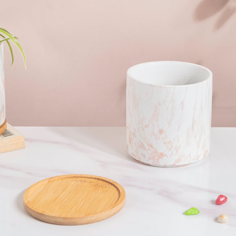 Carrara White And Brown Ceramic Planter With Wooden Coaster - Indoor planters and flower pots | Home decor items