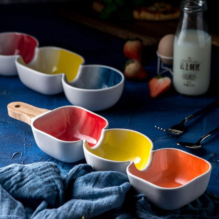 MERRY 3 part snack bowl with wooden handle - Orange, yellow & red - Ceramic bowls, snack serving bowls, section bowls, bowl with handle, small serving bowls | Bowls for dining table & home decor
