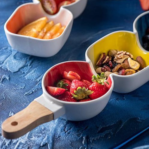MERRY 3 part snack bowl with wooden handle - blue, yellow & red - Ceramic bowls, snack serving bowls, section bowls, bowl with handle | Bowls for dining table & home decor