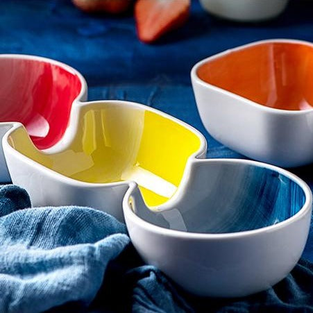 MERRY 3 part snack bowl with wooden handle - blue, yellow & red - Ceramic bowls, snack serving bowls, section bowls, bowl with handle | Bowls for dining table & home decor