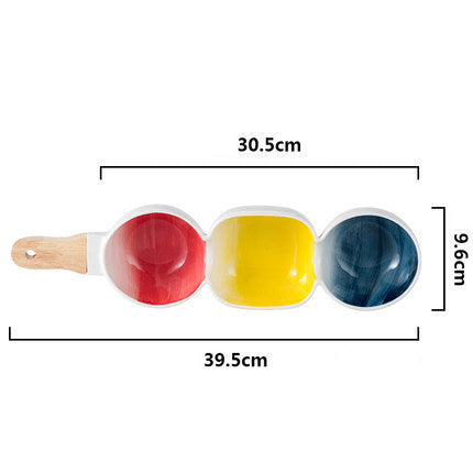 MERRY 3 part snack bowl with wooden handle - blue, yellow & red - Ceramic bowls, snack serving bowls, section bowls, bowl with handle | Bowls for dining table & home decor