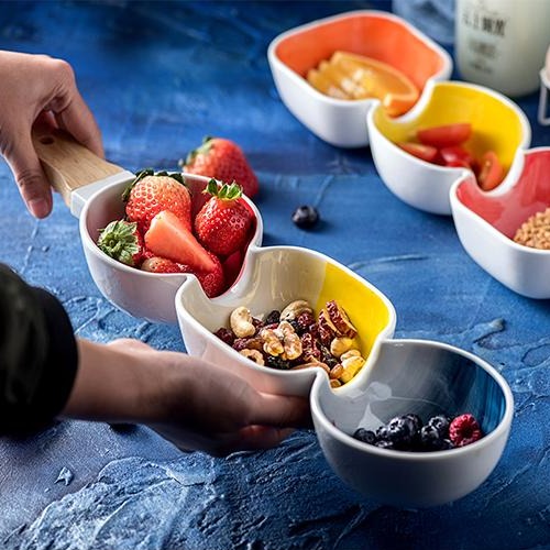 MERRY 3 part snack bowl with wooden handle - blue, yellow & red - Ceramic bowls, snack serving bowls, section bowls, bowl with handle | Bowls for dining table & home decor