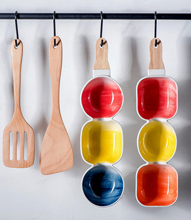 MERRY 3 part snack bowl with wooden handle - blue, yellow & red - Ceramic bowls, snack serving bowls, section bowls, bowl with handle | Bowls for dining table & home decor
