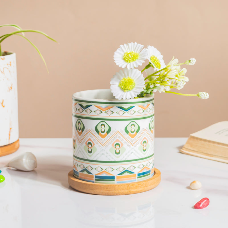 Mandala Print Ceramic Planter Green With Wooden Coaster - Plant pot and plant stands | Room decor items