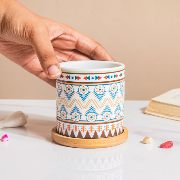 Mandala Print Ceramic Planter Blue With Wooden Coaster