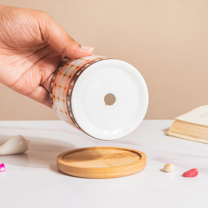 Noor Art Orange and Brown Planter With Wooden Coaster - Plant pot and plant stands | Room decor items