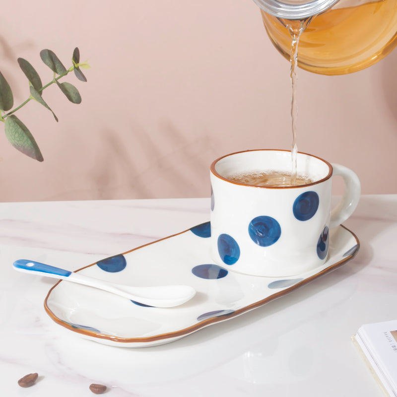 Polka Dot Cup And Tray Set With Spoon- Tea cup, coffee cup, cup for tea | Cups and Mugs for Office Table & Home Decoration