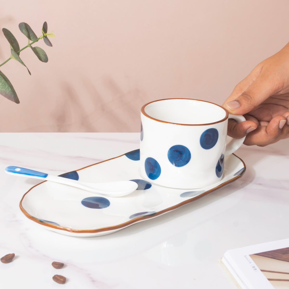 Pink Polka Dot Cup and Saucer Set with Spoon, Single