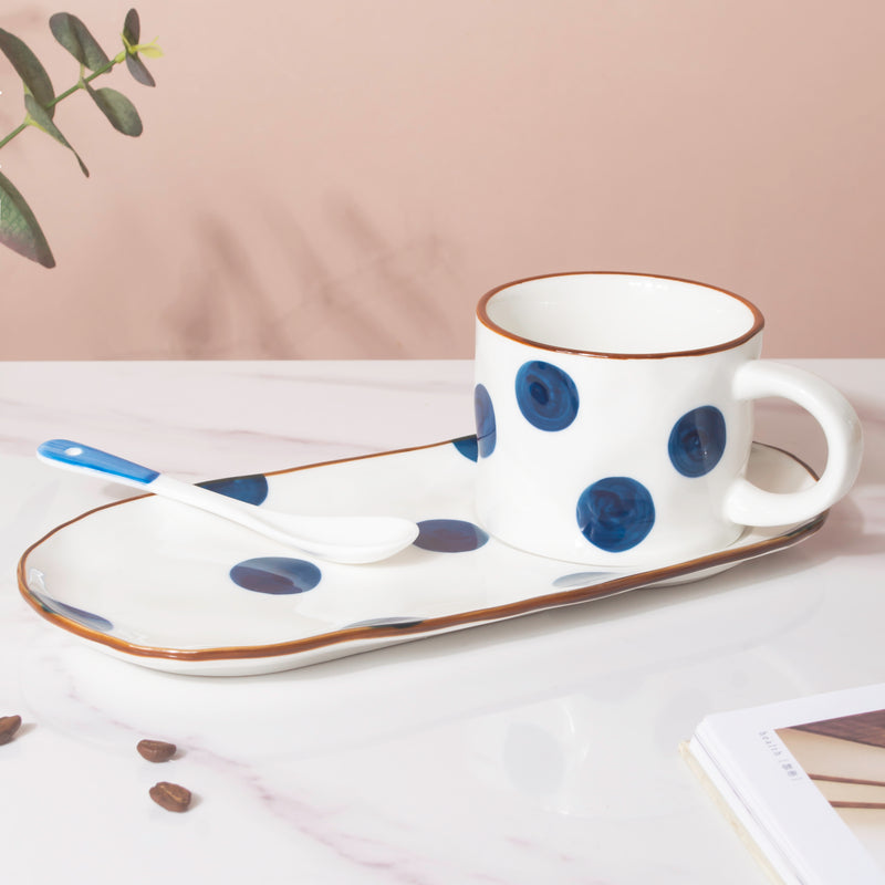Polka Dot Cup And Tray Set With Spoon- Tea cup, coffee cup, cup for tea | Cups and Mugs for Office Table & Home Decoration