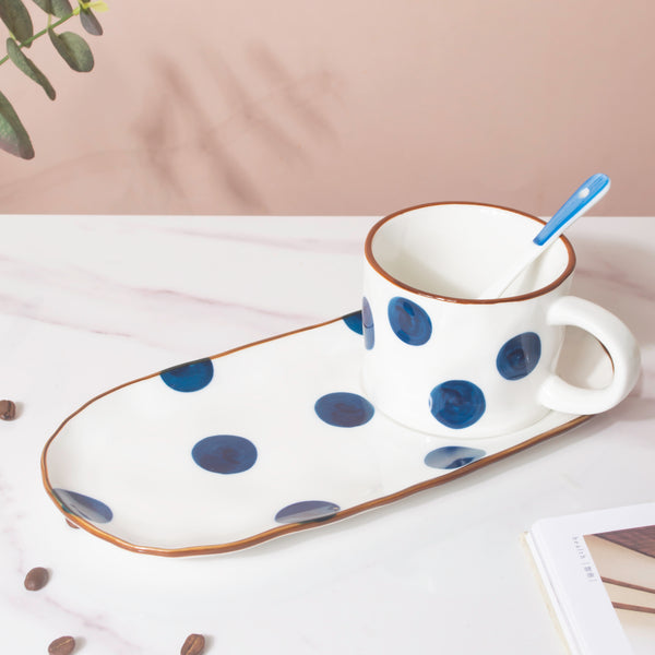 Polka Dot Cup And Tray Set With Spoon- Tea cup, coffee cup, cup for tea | Cups and Mugs for Office Table & Home Decoration
