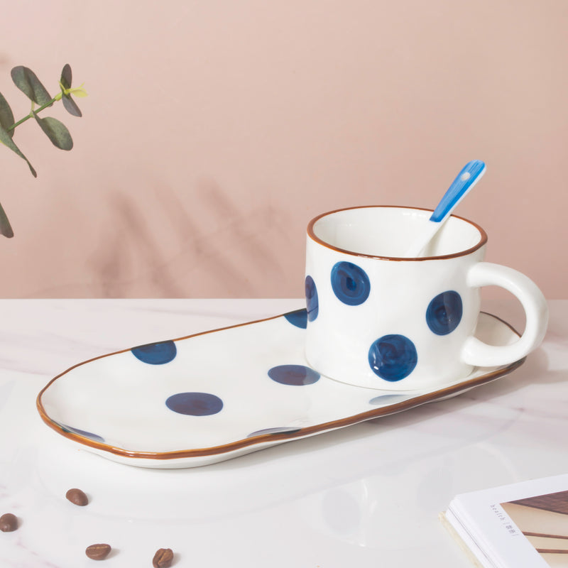 Polka Dot Cup And Tray Set With Spoon- Tea cup, coffee cup, cup for tea | Cups and Mugs for Office Table & Home Decoration