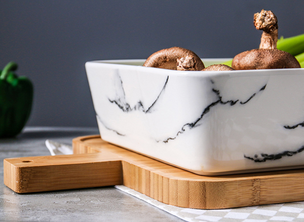 CHICERAMIC marble rectangle dish with bamboo board - Bowl, ceramic bowl, serving bowls, noodle bowl, salad bowls, bowl for snacks, snack bowl sets | Bowls for dining table & home decor