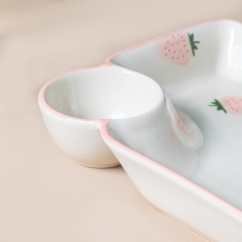 Strawberry Dreams Sectioned Plate Pink - Serving plate, snack plate, momo plate, plate with compartment | Plates for dining table & home decor