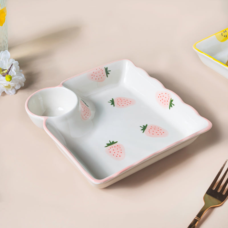 Strawberry Dreams Sectioned Plate Pink - Serving plate, snack plate, momo plate, plate with compartment | Plates for dining table & home decor