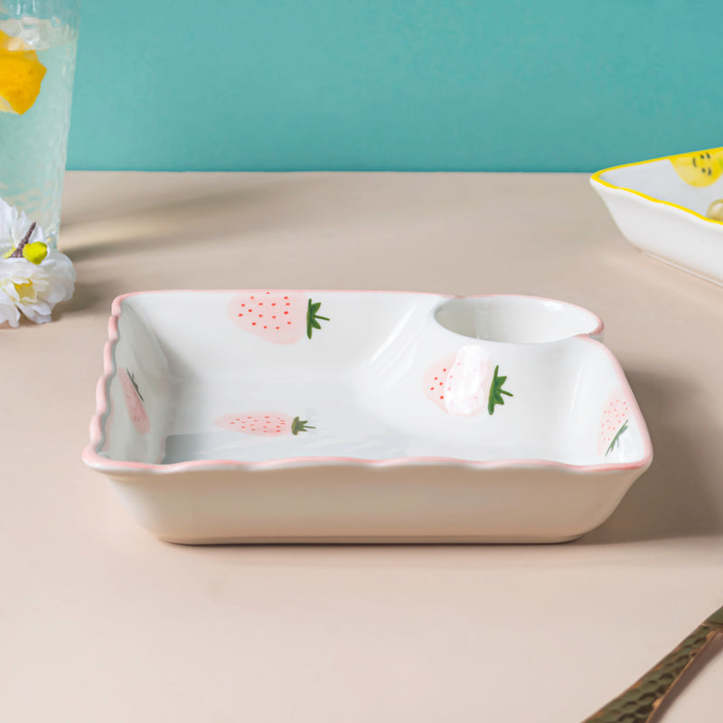 Strawberry Dreams Sectioned Plate Pink - Serving plate, snack plate, momo plate, plate with compartment | Plates for dining table & home decor