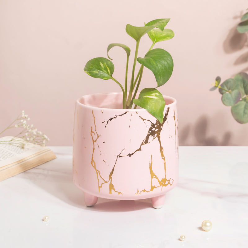 Halcyon Gold Pink Marble Ceramic Planter With Legs Large - Indoor planters and flower pots | Home decor items