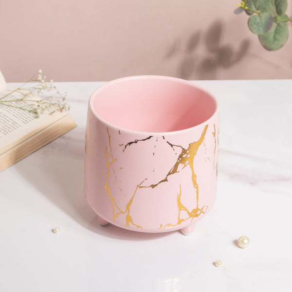 Halcyon Gold Pink Marble Ceramic Planter With Legs Large - Indoor planters and flower pots | Home decor items