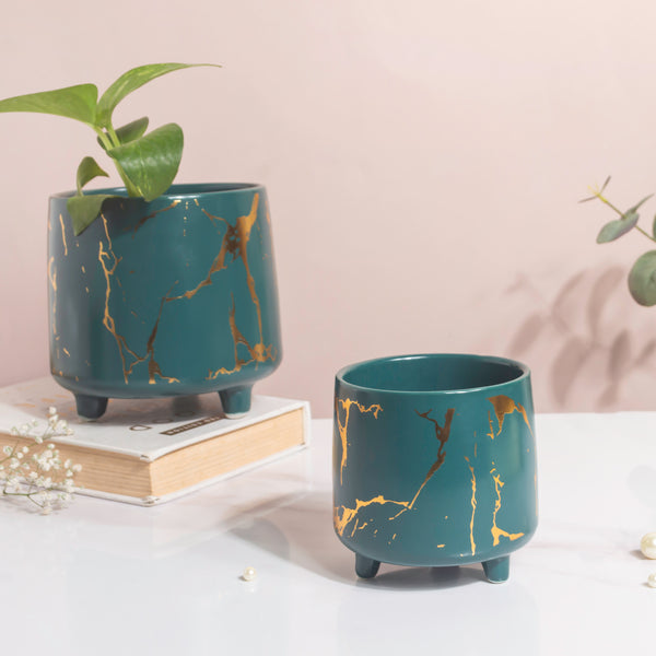 Halcyon Gold Green Marble Ceramic Planter With Legs Large - Indoor planters and flower pots | Home decor items