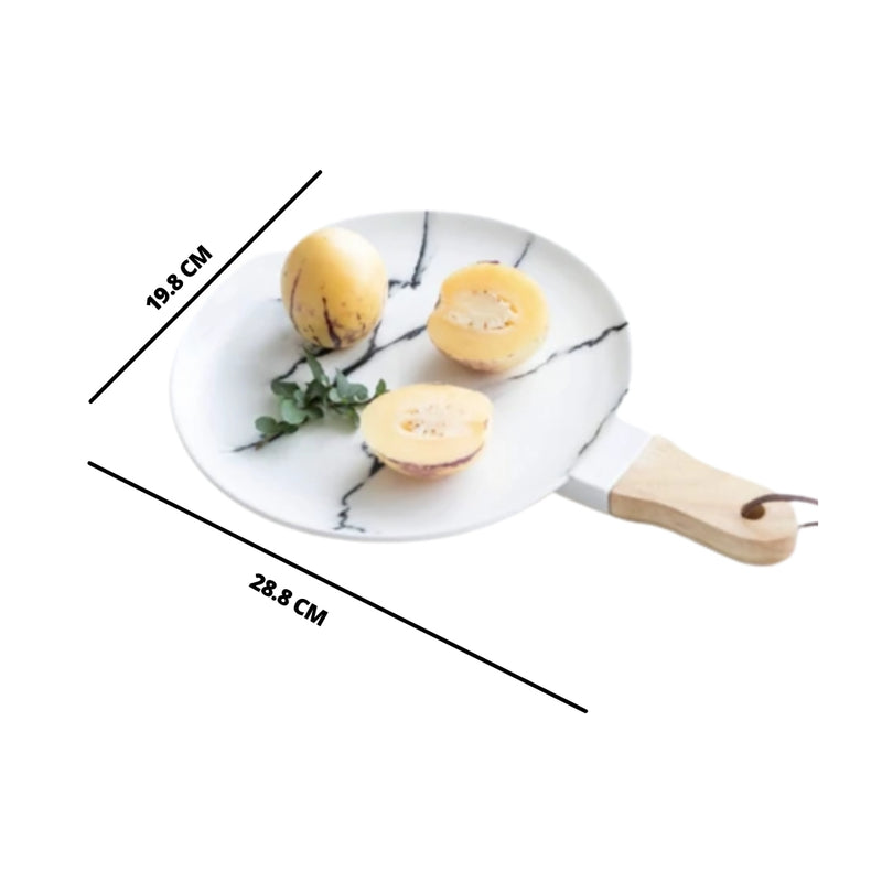 CHICERAMIC marble plate with wooden handle - S - Ceramic platter, serving platter, fruit platter, snack plate | Plates for dining table & home decor
