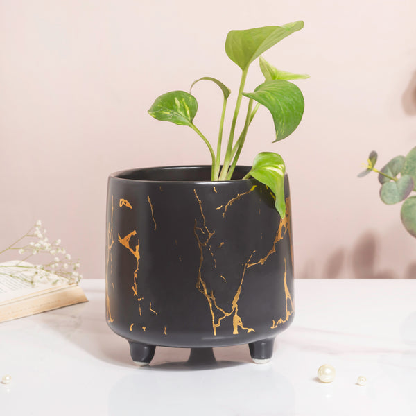 Halcyon Gold Black Marble Ceramic Planter With Legs Large - Indoor planters and flower pots | Home decor items