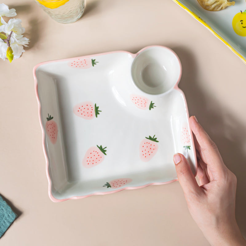 Strawberry Dreams Sectioned Plate Pink - Serving plate, snack plate, momo plate, plate with compartment | Plates for dining table & home decor