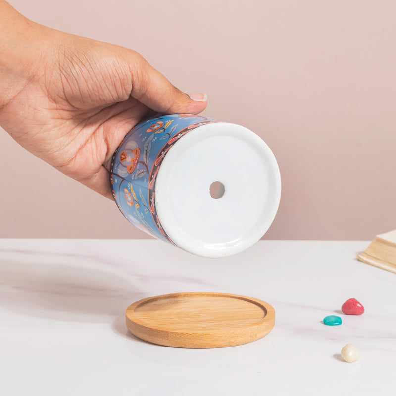 Floral Fantasy Ceramic Planter With Coaster Set Of 4 - Planter with Coaster, Decorative Ceramic Planter, Set of 4 Planters for Home Decor