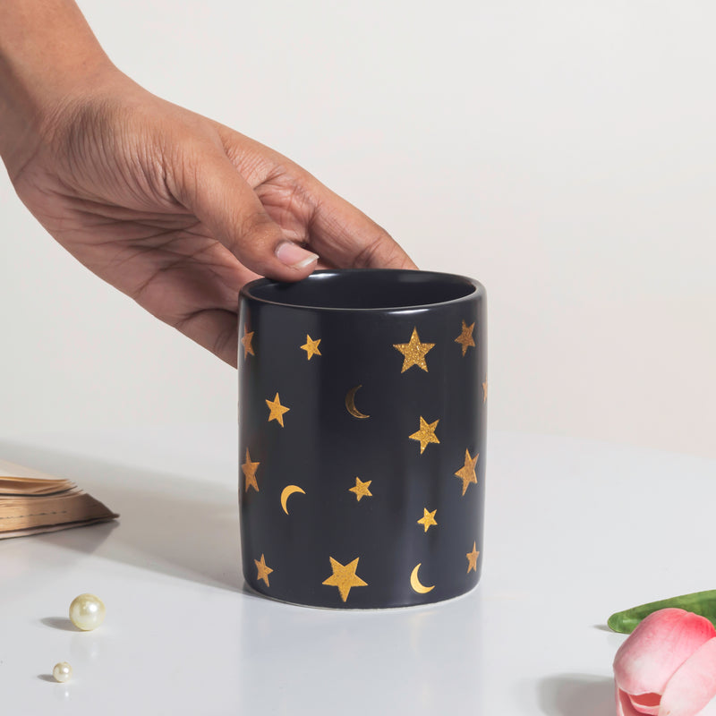 Stars and Moons Black Ceramic Planter