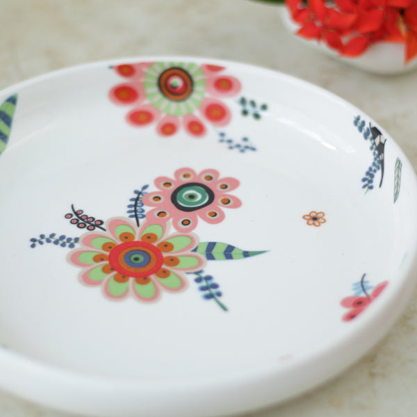 Round Floral Plate with Handle - Ceramic platter, serving platter, fruit platter | Plates for dining table & home decor