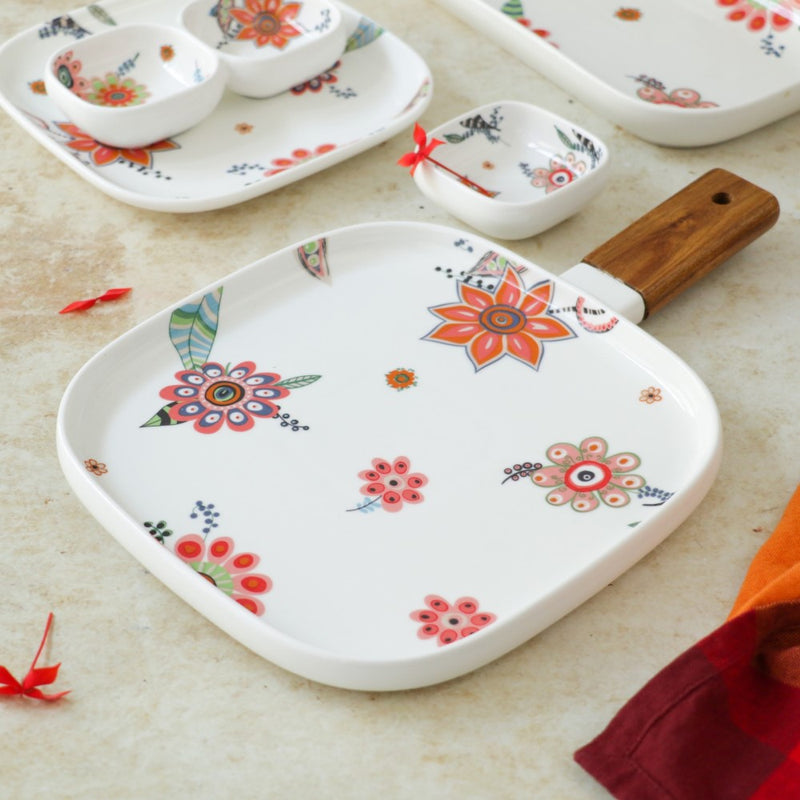 Square Floral Plate with Handle - Ceramic platter, serving platter, fruit platter | Plates for dining table & home decor