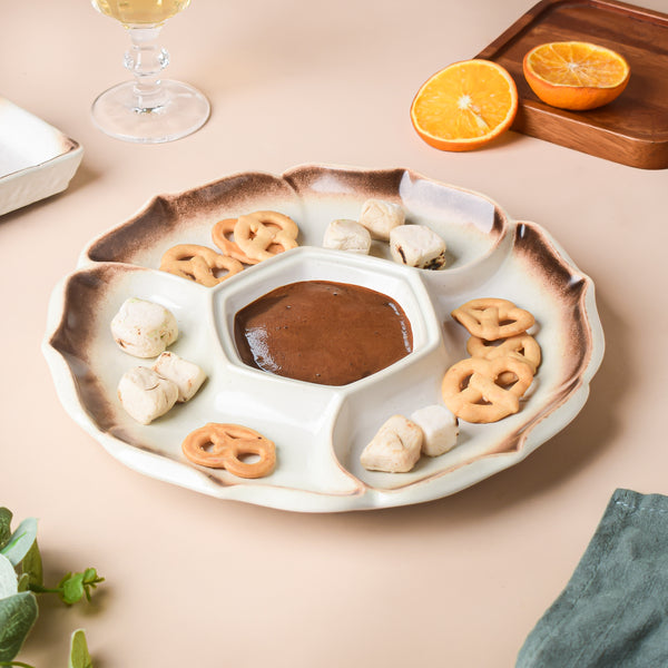 Cavern Clay Sectioned Party Platter - Serving plate, snack plate, momo plate, plate with compartment | Plates for dining table & home decor