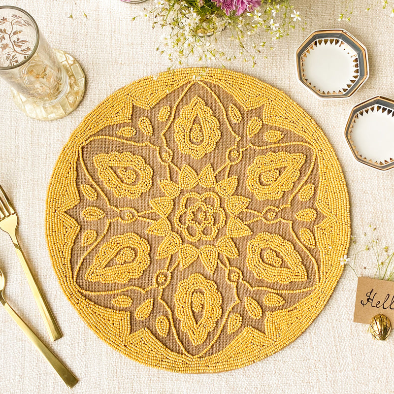 BEADS Mandala Jute Table Mat- Yellow