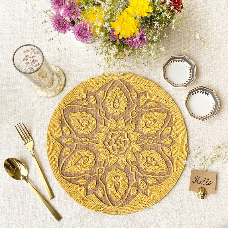 BEADS Mandala Jute Table Mat- Yellow