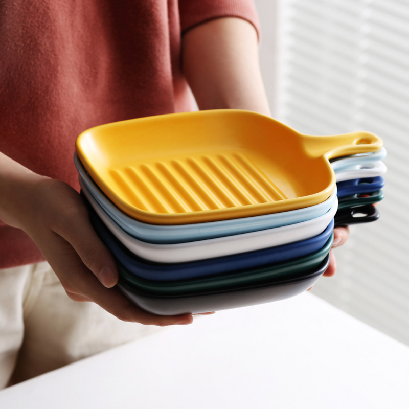 Ribbed Ceramic Baking Plate With Handle Dark Blue 250 ml - Baking Tray
