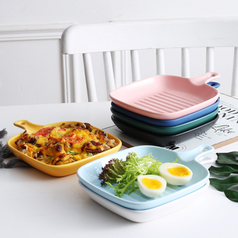 Ribbed Ceramic Baking Plate With Handle Dark Blue 250 ml - Baking Tray