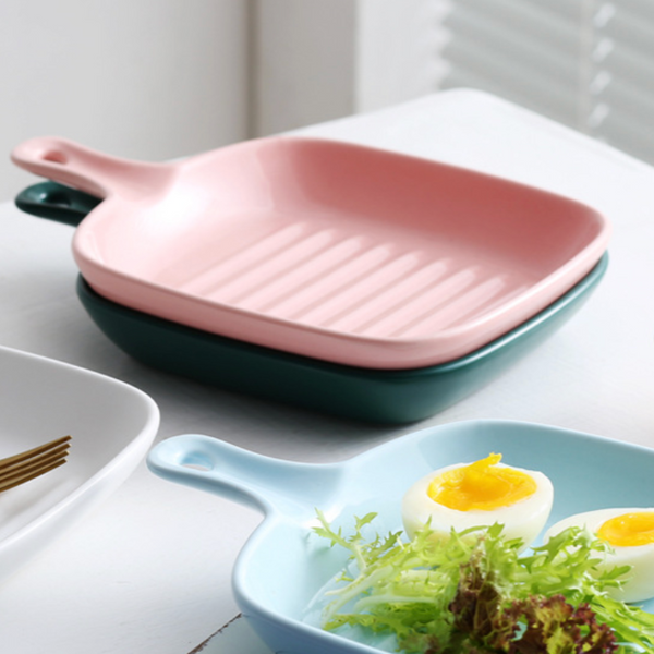 Ribbed Ceramic Baking Plate With Handle Matte Pink 250 ml - Baking Tray