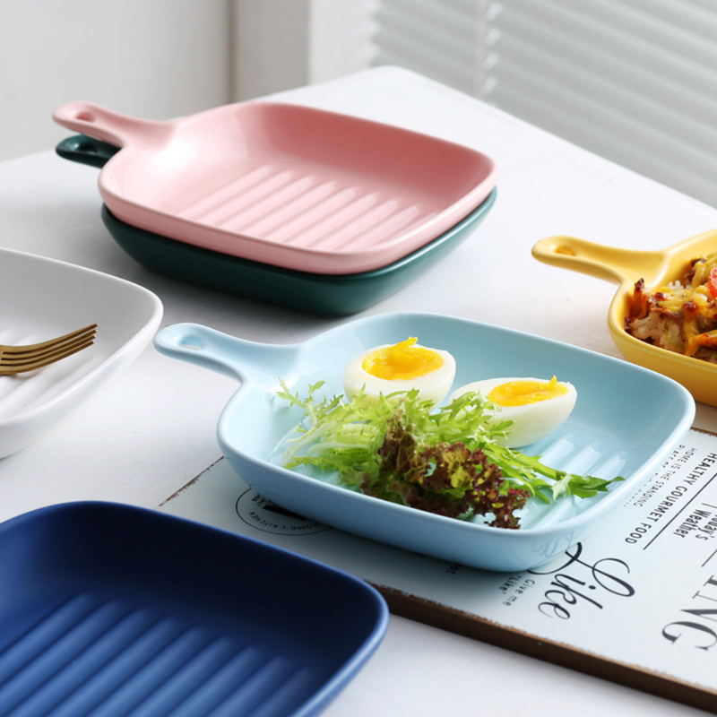 Ribbed Ceramic Baking Plate With Handle Dark Blue 250 ml - Baking Tray