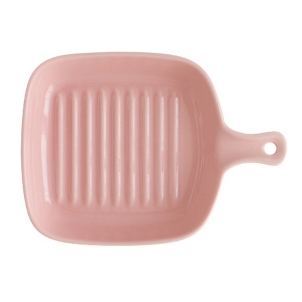 Ribbed Ceramic Baking Plate With Handle Glossy Pink 250 ml - Baking Tray