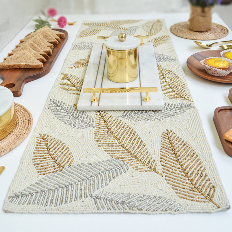 Beads White and Gold Leaf Runner