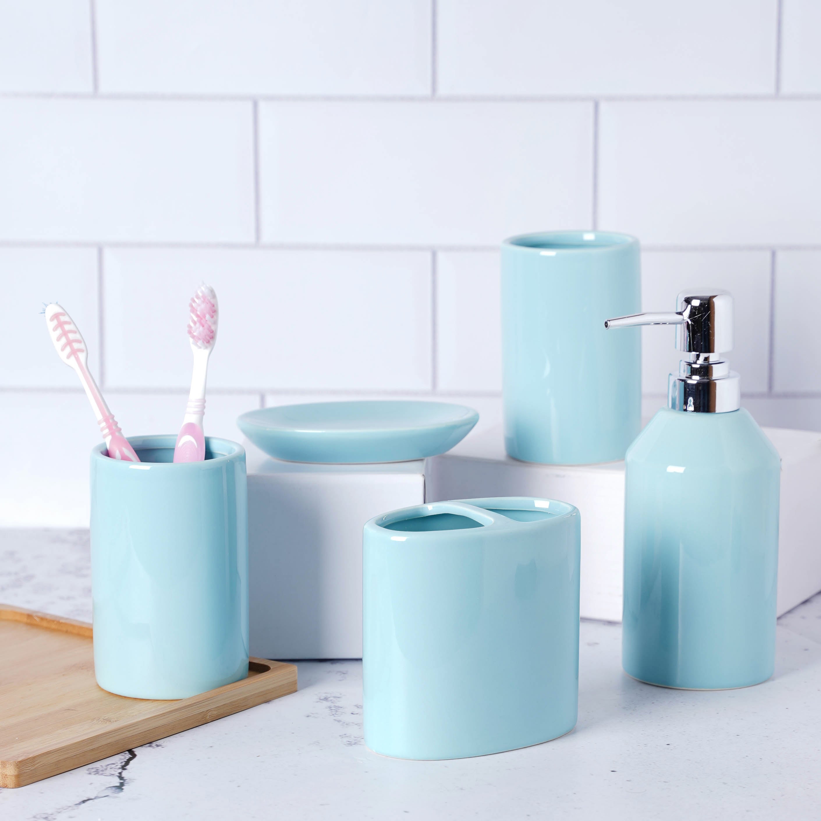 Blue bathroom store accessories set