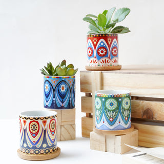 Boho Ceramic Planter Pot With Coaster Set Of 4