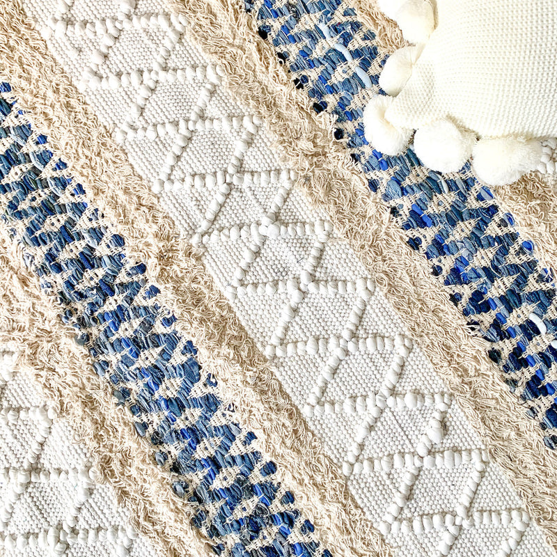 BOHO Ivy Hand Woven Rug - White and Blue