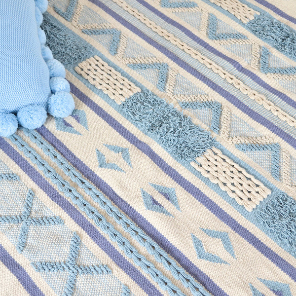 BOHO Bluebell Hand Woven Rug - Blue White & Natural