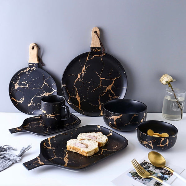 Black Marble Snack Plate - Ceramic platter, serving platter, fruit platter | Plates for dining table & home decor