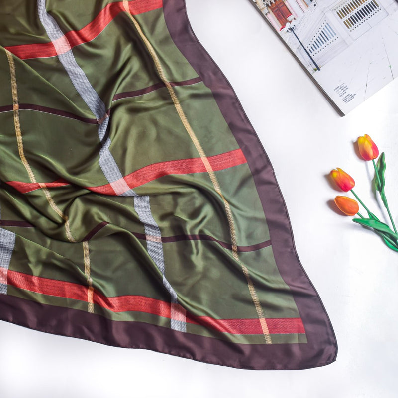 Plaid Long Silk Scarf Green