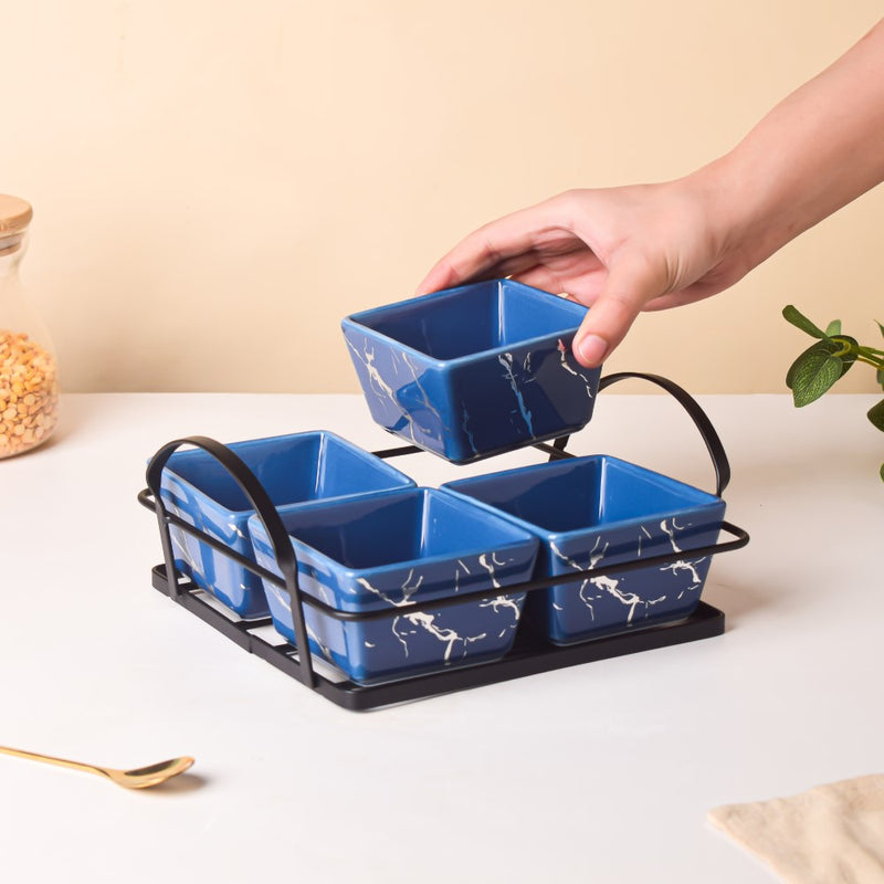 Cerulean Silver Ceramic Bowls Tray Set Of 5 200ml - Bowls, serving bowls, snack serving bowls, section bowls, fancy serving bowls, small serving bowls | Bowls for dining table & home decor
