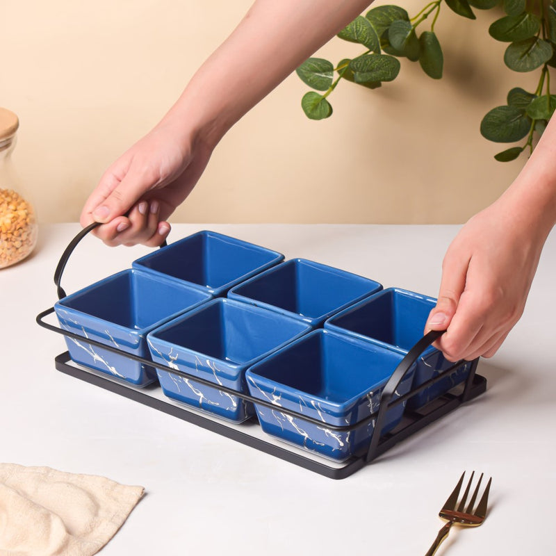 Cerulean Silver Ceramic Bowls Tray Set Of 7 200ml - Bowls, serving bowls, snack serving bowls, section bowls, fancy serving bowls, small serving bowls | Bowls for dining table & home decor