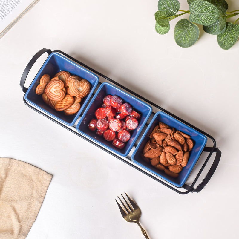 Cerulean Silver Ceramic Bowls Tray Set Of 4 200ml - Bowls, serving bowls, snack serving bowls, section bowls, fancy serving bowls, small serving bowls | Bowls for dining table & home decor