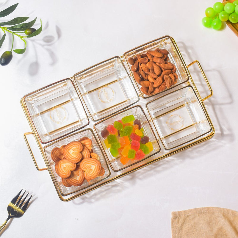 Gold Detailed Glass Bowls And Tray Set Of 7 200ml - Serving bowls, small glass bowls, snack serving bowls, section bowls, fancy serving bowls | Bowls for dining table & home decor