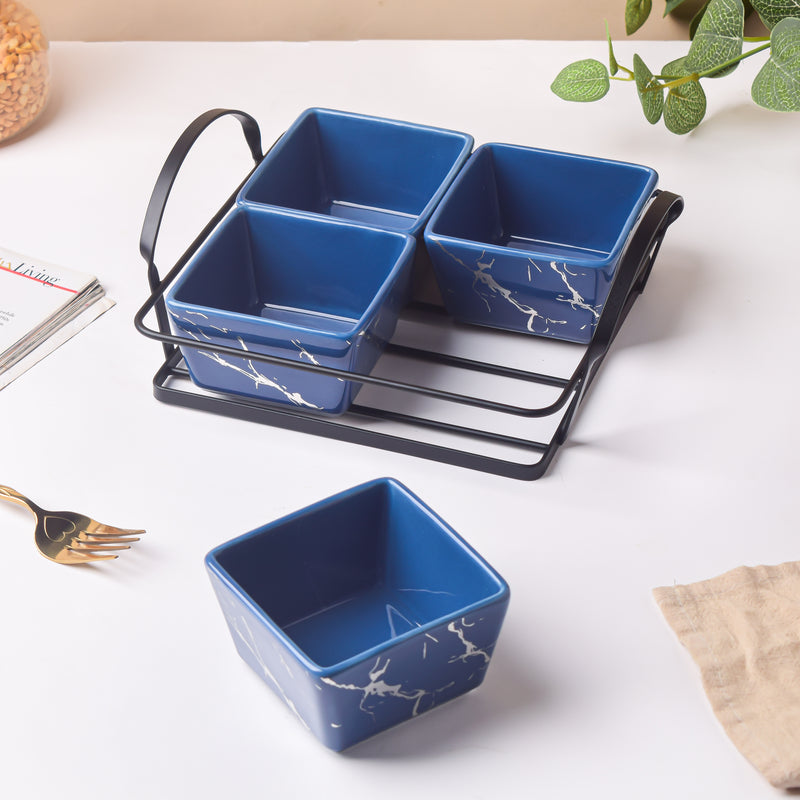 Cerulean Silver Ceramic Bowls Tray Set Of 5 200ml - Bowls, serving bowls, snack serving bowls, section bowls, fancy serving bowls, small serving bowls | Bowls for dining table & home decor
