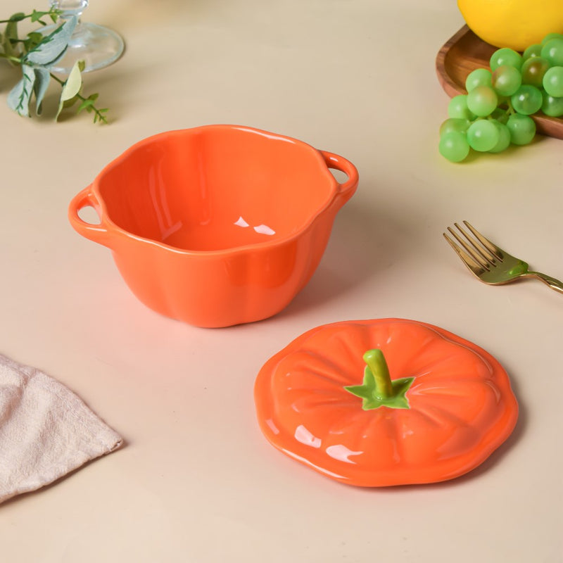 Quirky Pumpkin Bowl With Lid Orange 350 ml - Ceramic bowl, Serving bowl with lid, ceramic bowls with lids, snack bowls, bowl with handle | Bowls for dining table & home decor